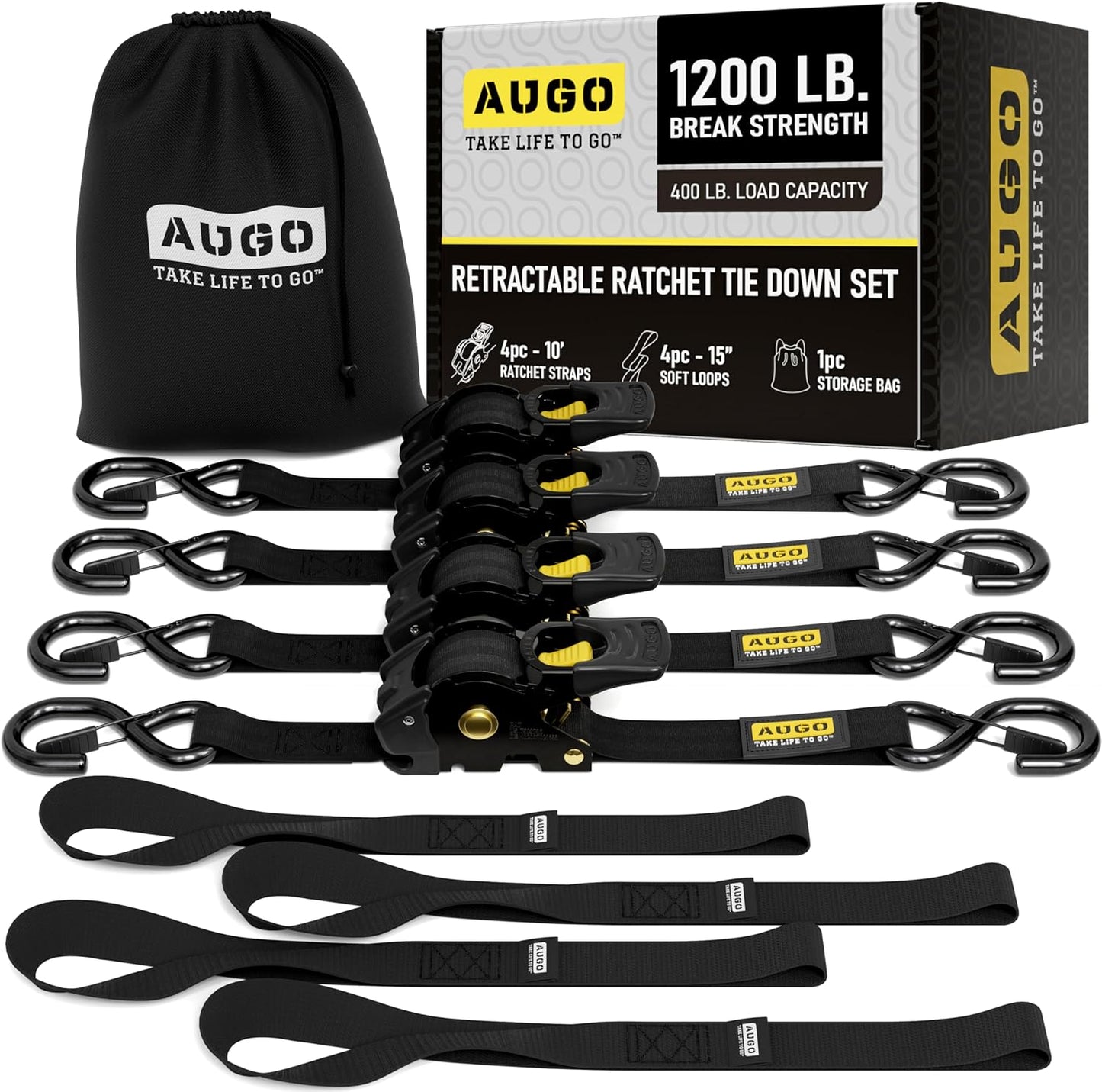 AUGO Retractable Ratchet Straps | 4 Heavy Duty